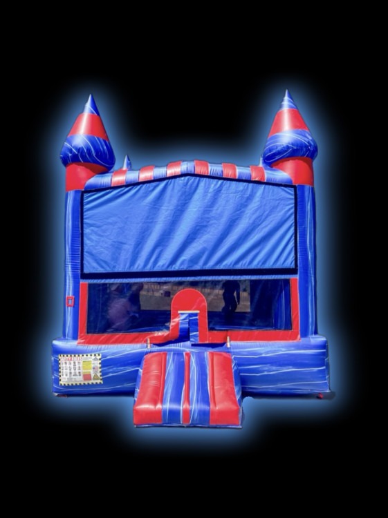 Blue marble castle bounce house